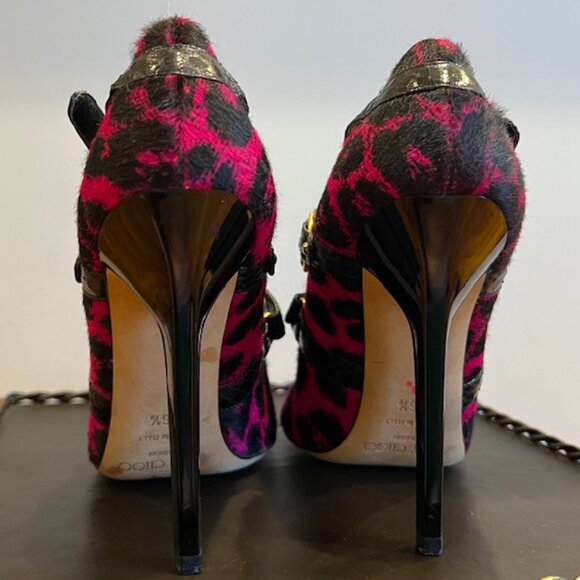 Jimmy Choo SZ 6 Fuchsia & Black Calf Hair Cheetah Print Heels - Picture 2 of 9